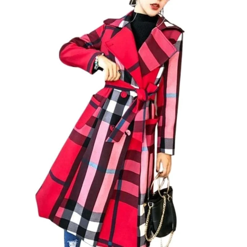 Savings Bonanza VROSE Design Women's Fine Fashion Vintage Brown Red Plaid Elegant Luxury Designer Coat Jacket