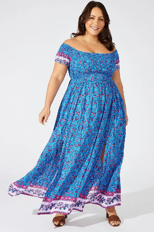 Exclusive Access Blue Boho Maxi Dress Short Sleeve Shirred
