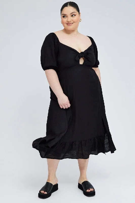 Discount Mania Black Tie Front Midi Dress Short Puff Sleeve Split Front
