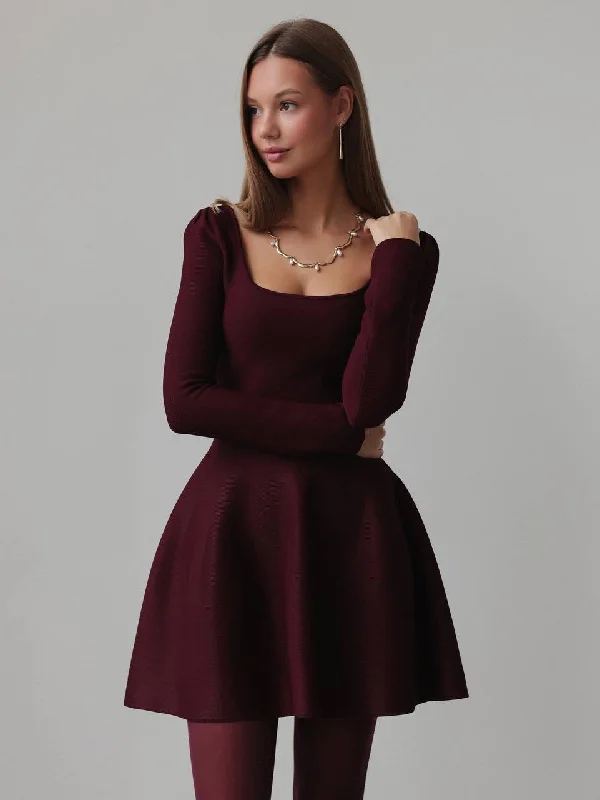 Big Discounts Elegant Burgundy Flared Knit Dress