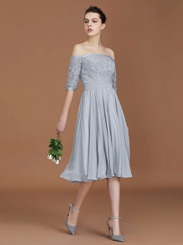 Big Discounts A-Line/Princess Off-the-Shoulder Short Sleeves Lace Tea-Length Chiffon Bridesmaid Dress Big Discounts A-Line/Princess Off-the-Shoulder Short Sleeves Lace Tea-Length Chiffon Bridesmaid Dress
