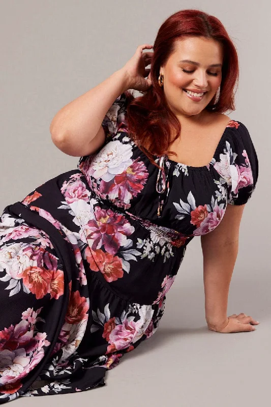 Limited Time Black Floral Maxi Dress Short Sleeve Tiered
