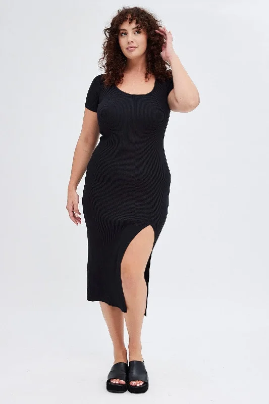 Super Sale Black Knit Dress Short Sleeve Midi