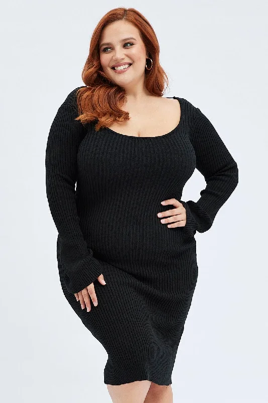 Incredible Offers Black Mini Dress Scoop Neck Knit Flare Sleeve