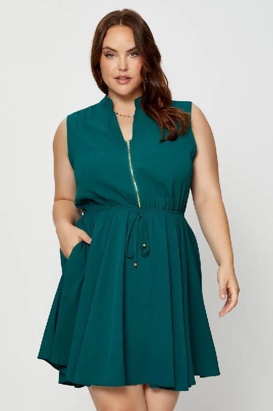 Online Exclusive Green Shirt Dress V-neck Sleeveless Button