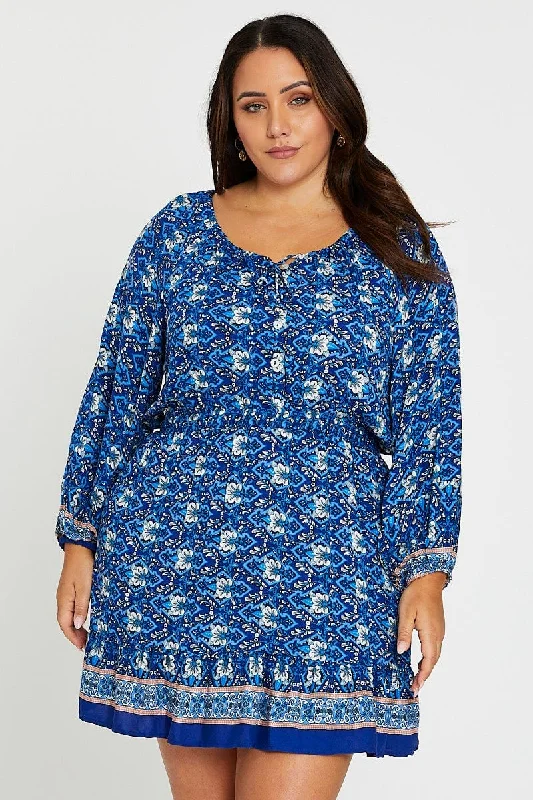Today’s Deal Boho Print Long Sleeve Elastic Waist Dress
