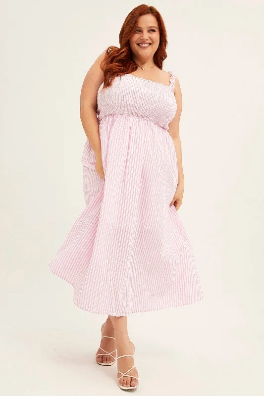 Limited Time Pink Stripe Midi Dress Frill Shoulder Sleeveless Shirred Bust
