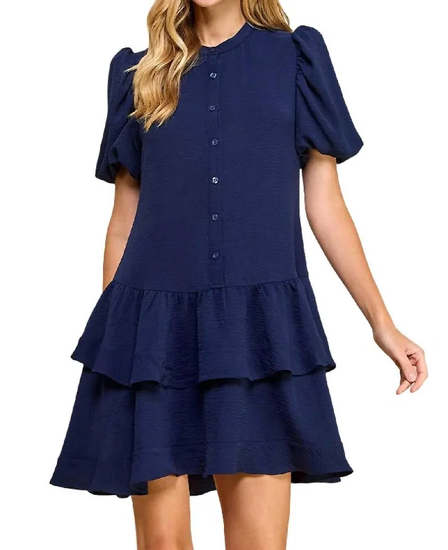 Holiday Sale Puff & Play Tiered Dress In Navy