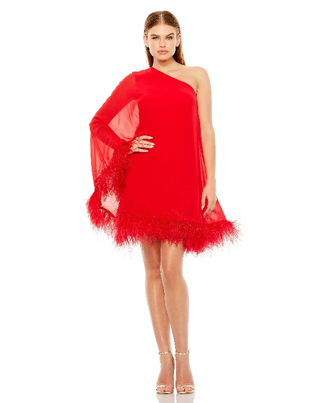 Super Deal One Shoulder Trapeze Dress with Feather Trim