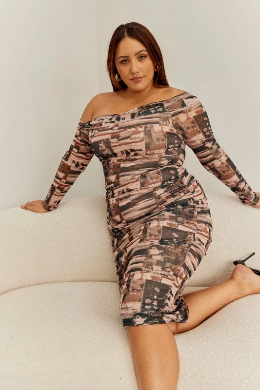 Hurry In Multi Abstract Midi Dress Bodycon Mesh Off Shoulder