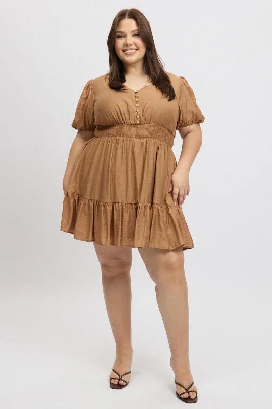 Don’t Miss Out Brown Shirred Waist Button Mini Dress