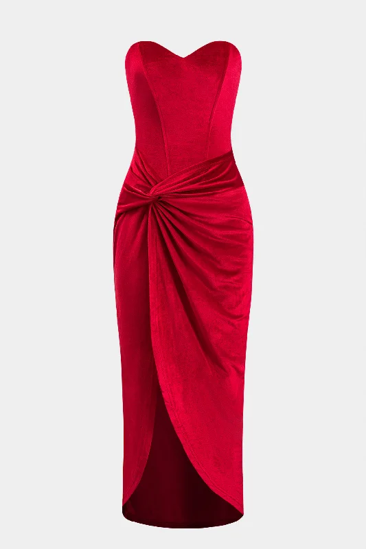 Amazing Deals Velvet Twist Knot Strapless Slit Maxi Dress
