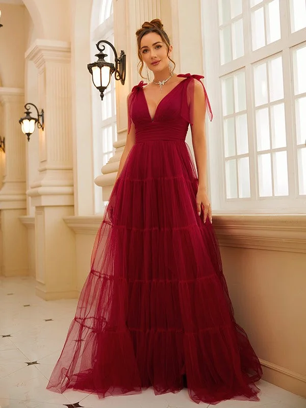 Deal Dash A-Line/Princess Tulle Ruffles V-neck Sleeveless Sweep/Brush Train Dresses Deal Dash A-Line/Princess Tulle Ruffles V-neck Sleeveless Sweep/Brush Train Dresses
