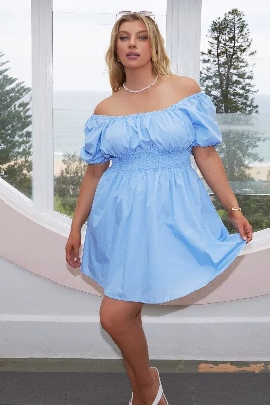 Blowout Sale Blue Shirred Waist Cotton Blend Pocket Minidress