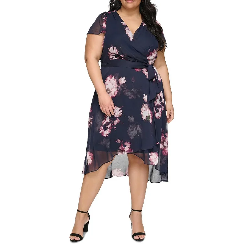 New Markdowns Plus Womens Chiffon Floral Wrap Dress