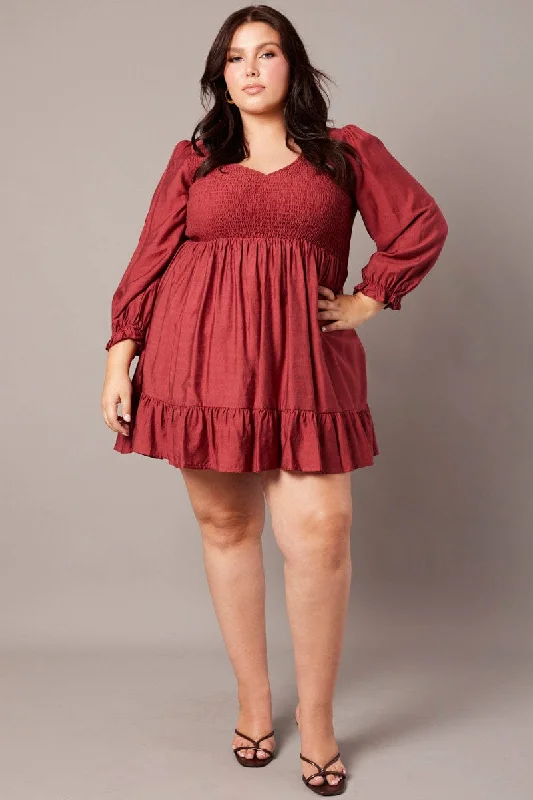Flash Deals Brown V-neck Shirred Long Sleeve Mini Dress