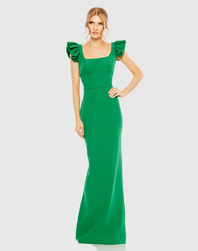Today’s Deal Green Ruffle Cap Sleeve Open Back Column Gown