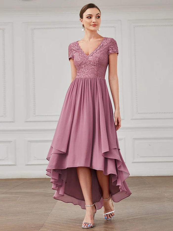 Buy More, Save More Brief Sleeve Vintage Ribbons Short Sleeve Higher Low Mother of the Bride Gown