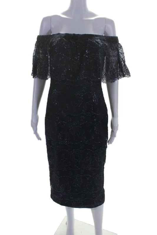 Savings Event Theia Womens Lace Off The Shoulder Short Sleeves Dress Midnight Blue