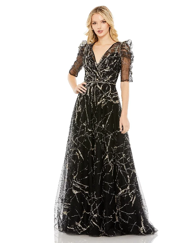 Best Bargains Embellished Gathered Puff Sleeve Faux Wrap Gown