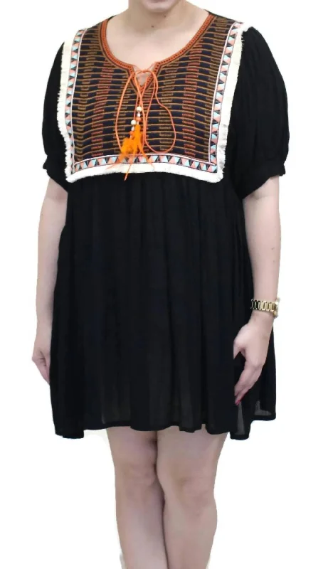 Great Deals Embroidered & Fringed Short Sleeve Mini Dress In Black