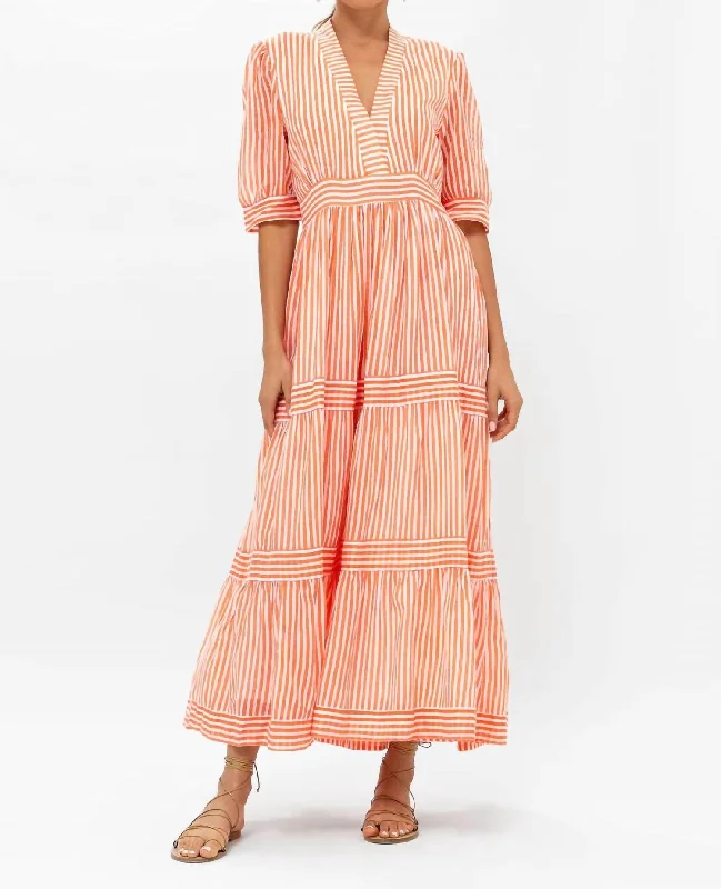Price Drop Cuff Sleeve V-Neck Maxi Dress In Playa Coral