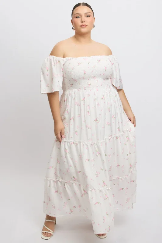 Price Reduction White Ditsy Maxi Dress Short Sleeve Tiered