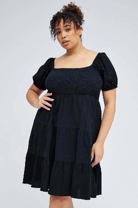 Great Bargains Black Mini Dress Tiered Shirred Bust Puff Sleeve
