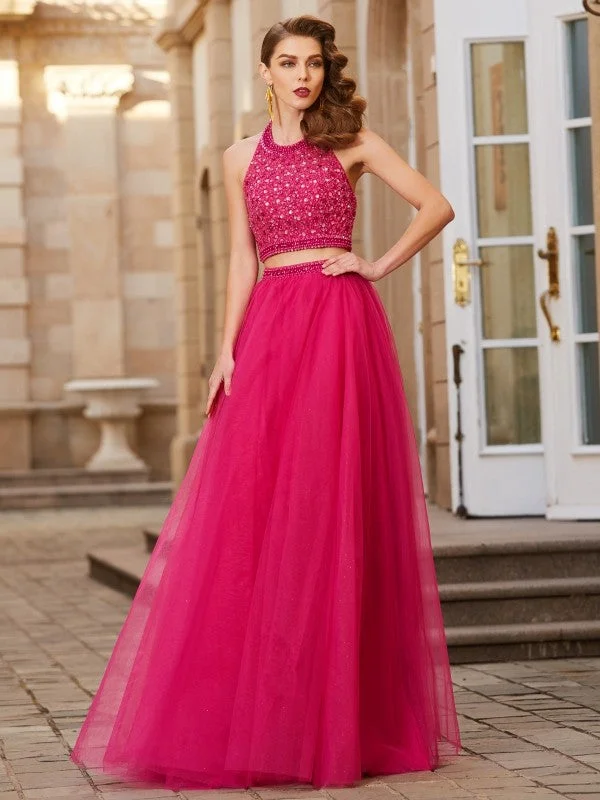 One-DAY Sale A-Line/Princess Halter Beading Sleeveless Tulle Floor-Length Two Piece Dresses One-DAY Sale A-Line/Princess Halter Beading Sleeveless Tulle Floor-Length Two Piece Dresses
