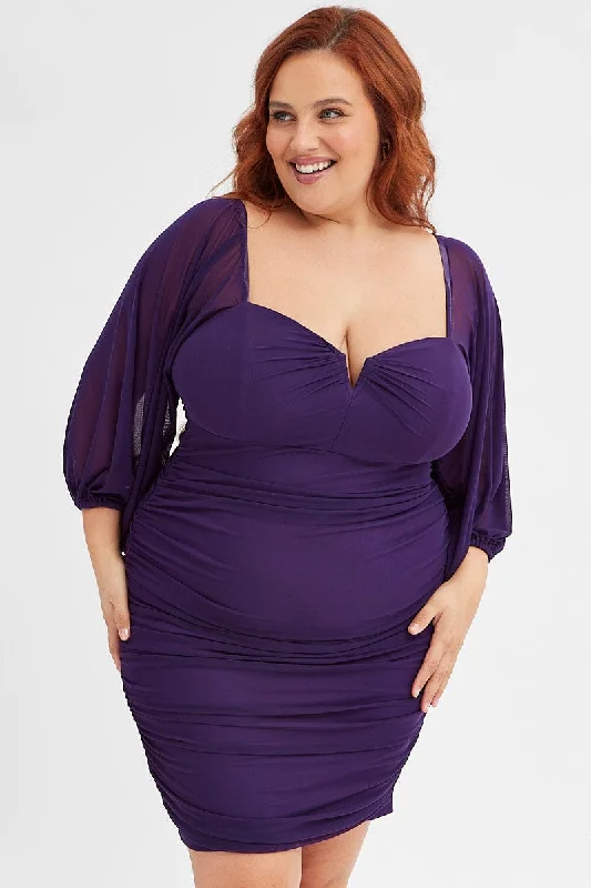 Blowout Deals Purple Bodycon Dress Mesh Balloon Sleeve Ruched Mini