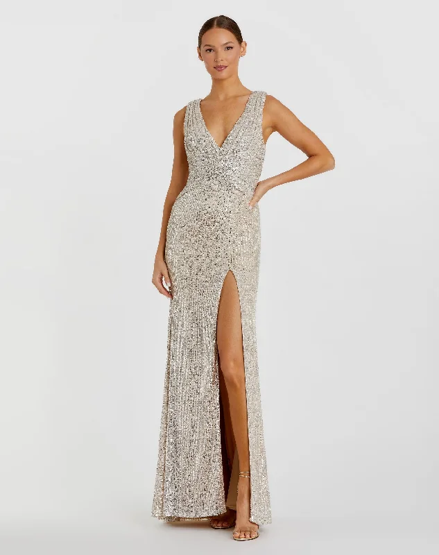 Price Reduction Silver V-Neck Sequin Wrap Waist Gown