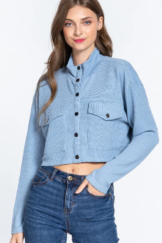 Big Discounts Long Slv Snap Button Crop Jacket