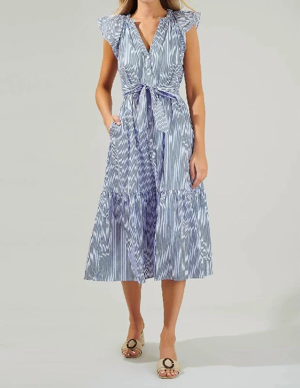 Super Sale Button Midi Dress In Blue/white/stripe