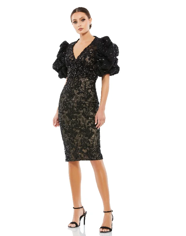 Stock Clearance Embellished Puff Sleeve Plunge Neck Dress