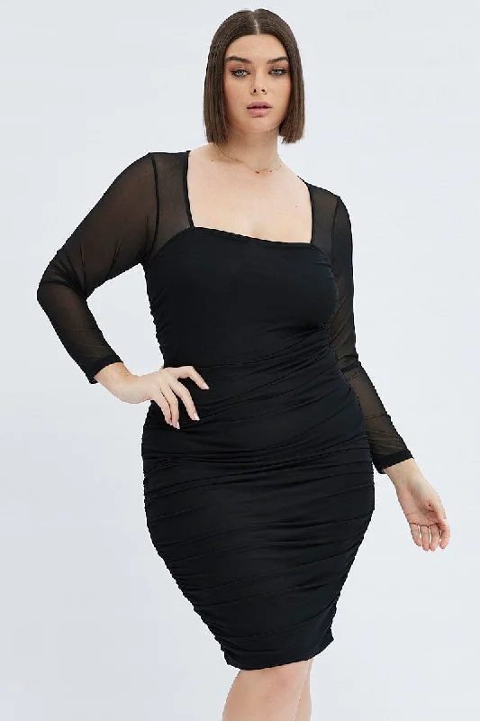 Epic Deals Black Bodycon Dress Long Sleeve Ruched Mesh