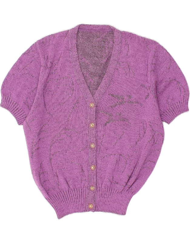 Price Cut VINTAGE Womens Short Sleeve Cardigan Sweater UK 14 Medium Purple Acrylic