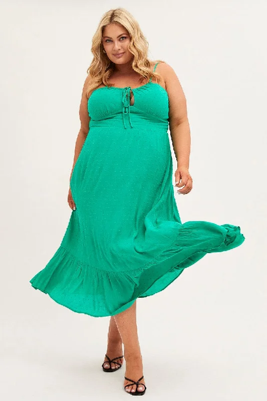 Must-Have Deals Green Midi Dress Shoestring Strap Gather Bust Frill Hem