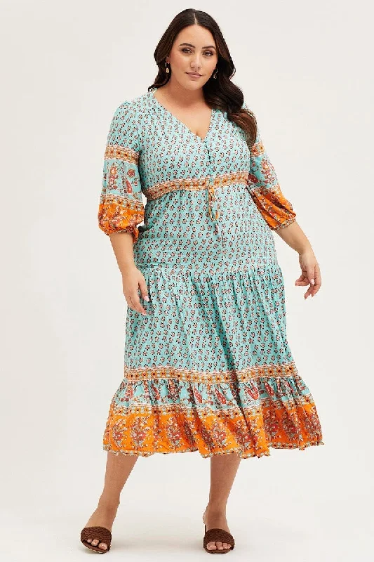 Super Deal Boho Print Maxi Dress V-neck Long Sleeve