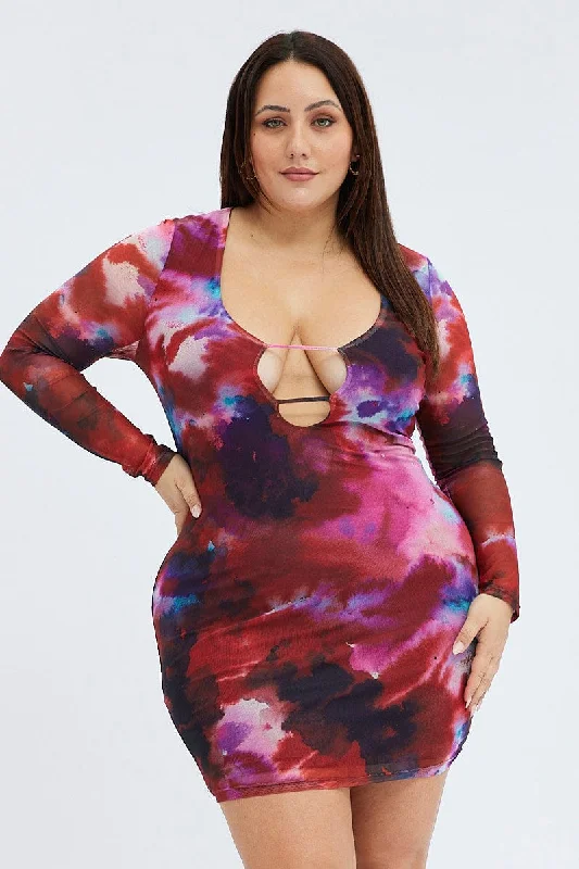 Sale Event Multi Abstract Mesh Cutout Dress Long Sleeve Mini Length