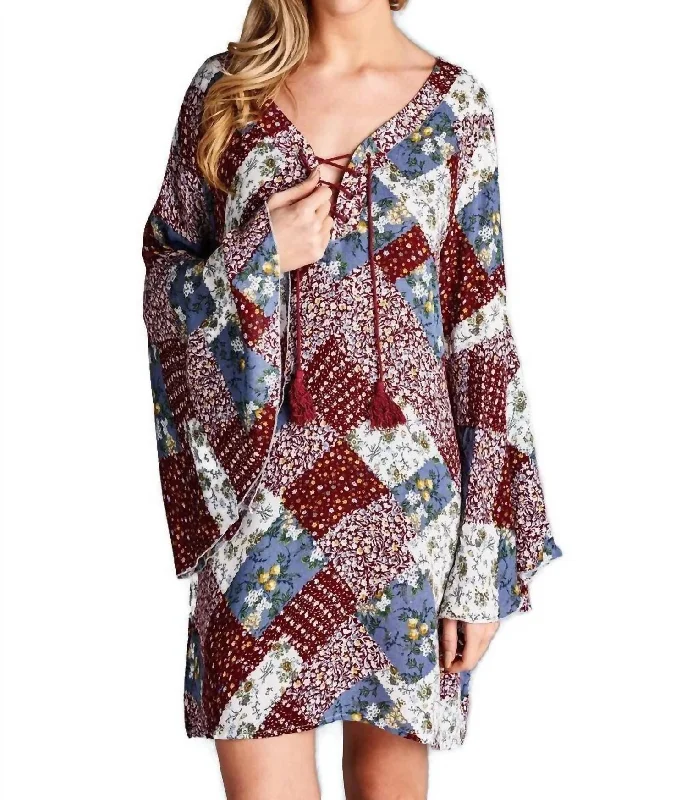 Deal of the Day Floral Patchwork Print Dress In Red