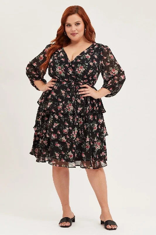 Price Rollback Floral Print Midi Dress V-neck Long Sleeve