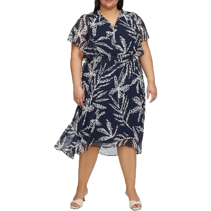 Massive Deals Plus Womens Chiffon V-neck Midi Dress