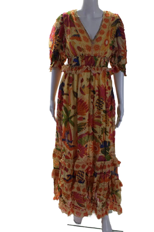 Daily Specials Farm Rio Womens V Neck Short Sleeve Floral Maxi Dress Yellow