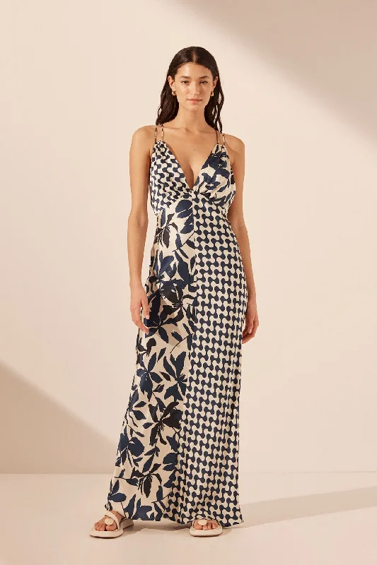 Final Markdown MAGNOLIA SILK CONTRAST PLUNGED DOUBLE STRAP MAXI DRESS