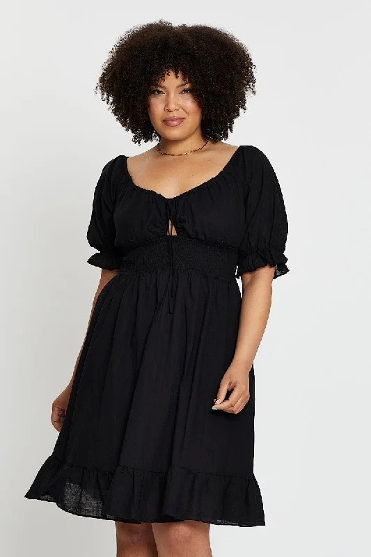 Lowest Price Black Short Puff Sleeve Peephole Green Skater Dress