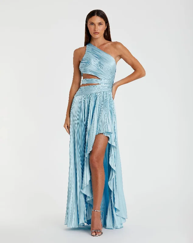 Price Reduction Blue One Shoulder Pleated Charmeuse Gown with Slit