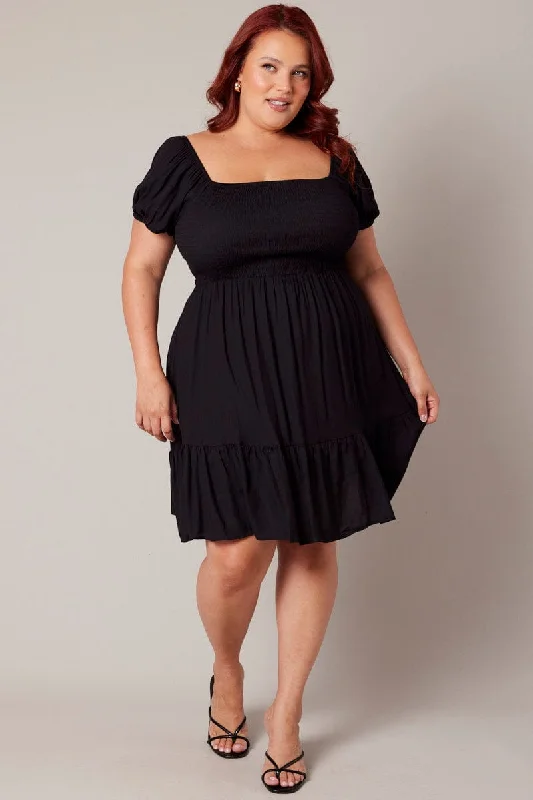 Clearance Sale Black Fit And Flare Dress Short Sleeve Shirred