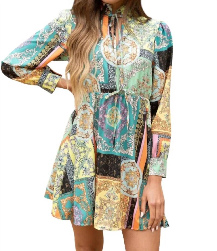Take Advantage Ilaria High Neck Empire Waist Dress In Teal Multi