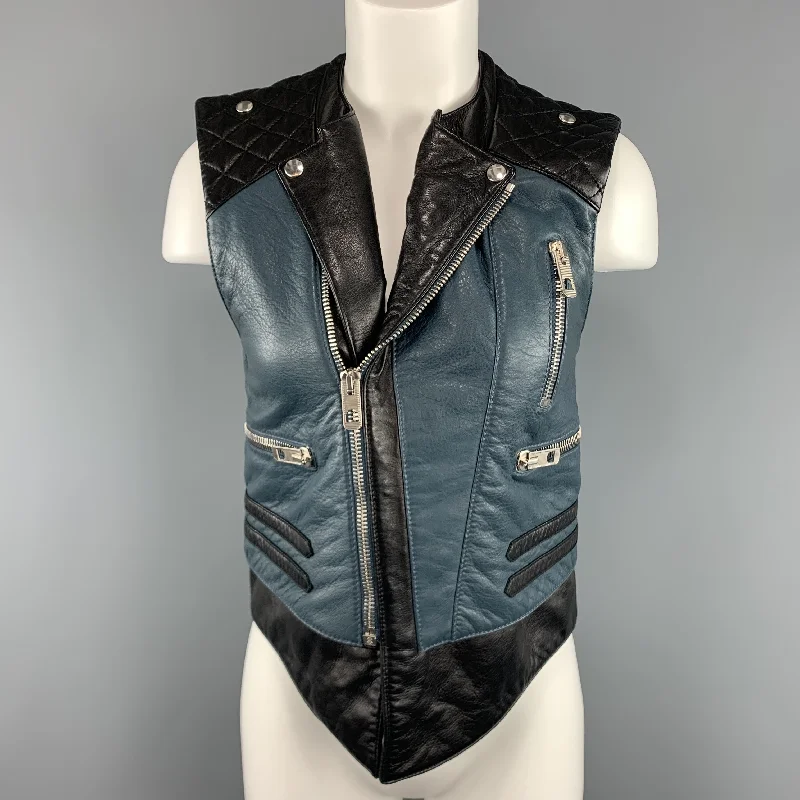 Stock Clearance BALENCIAGA Size 8 Black & Teal Blue Quilted Leather Biker Vest