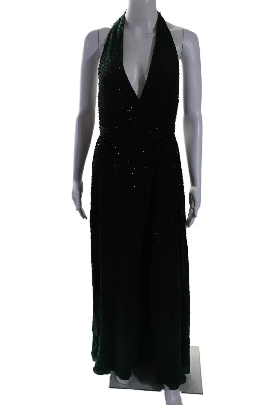 Mega Deal Haute Hippie Womens Silk Black Green Beaded Detail Sleeveless Gown Dress